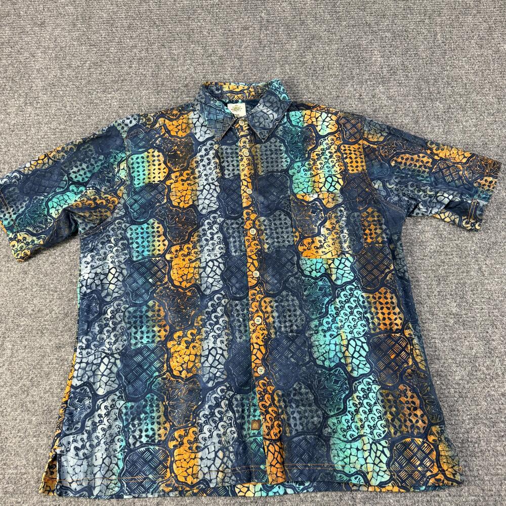 The Territory Ahead Shirt Mens Large Blue Orange Cotton Batik Hawaiian Casual